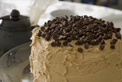 Banana Cake with Peanut Butter Frosting and Chocolate Chips