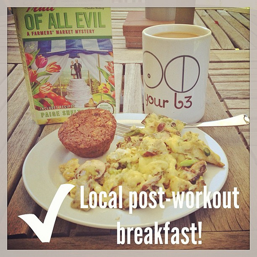 After 5k on the treadmill (2/3) and stair master (1/3) and one hour of strength training and toning I made a local breakfast. Eggs and milk from Morning Fresh Dairy, mixed mushrooms from Hazel Dell, garlic scapes from Native Hill Farm (if I remember corre