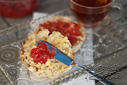 Low-Sugar Raspberry Peach Jam on An English Muffin