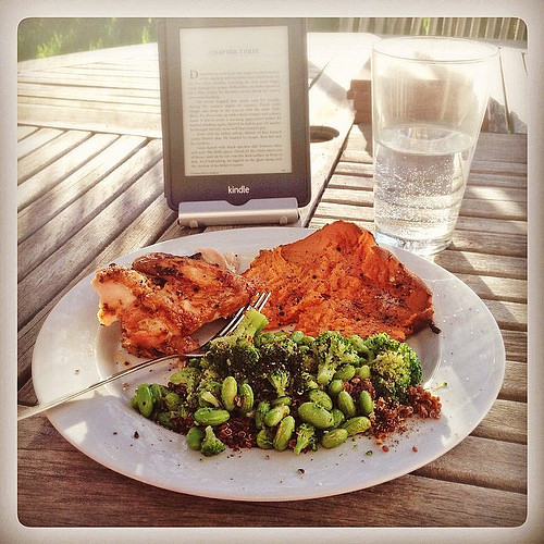First Sunday dinner on the grill - chicken, sweet potato, and quinoa with broccoli and edamame. #realfood #eathealthy
