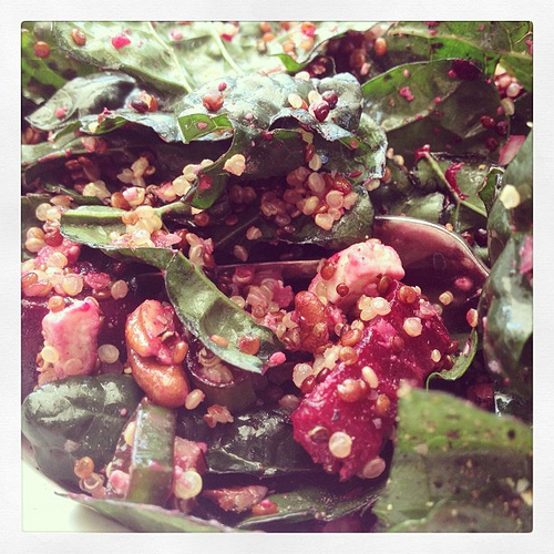 Lucinato kale, grill roasted beets, scallion, pecans, quinoa, & rf Gorgonzola dressed with kombucha vinaigrette. Delish!