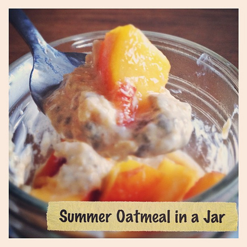 Yogurt steeped oatmeal & chia pudding with cardamom & a honey lime peach. Summer in a jar!