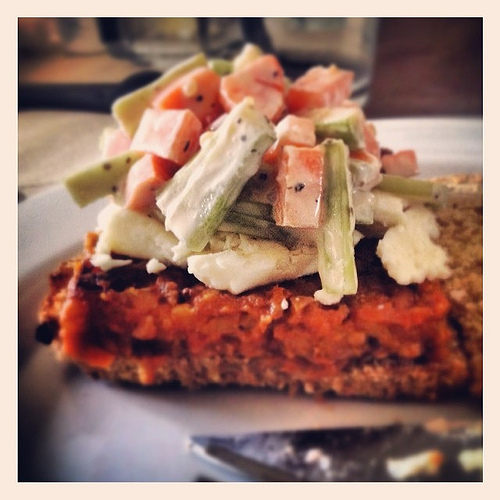 Buffalo tempeh burger with Gorgonzola, a quick celery and carrot slaw, all on homemade whole grain bread. #painisgood