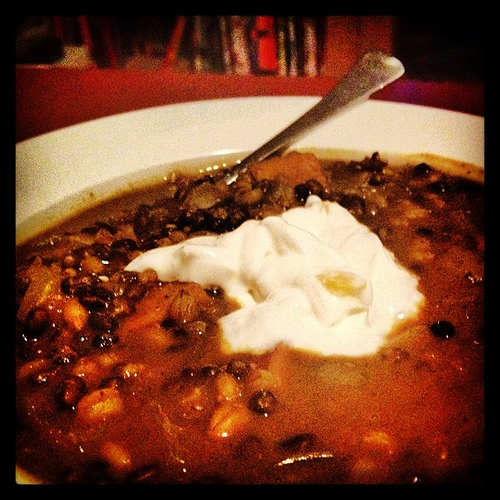 "Farro" soup - curry, black lentils, sweet potato, onion, and barley. Topped with Greek yogurt with preserved lemon. From Super Natural Every Day.