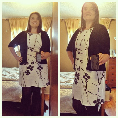 My new/old dress (bought in 1999 and altered last week to fit decently now) and my new haircut. Perfect spring outfit!