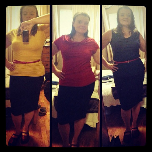 My favorite find at H&M was a $10 jersey pencil skirt. I had to try some styling options with it when I got home :-)