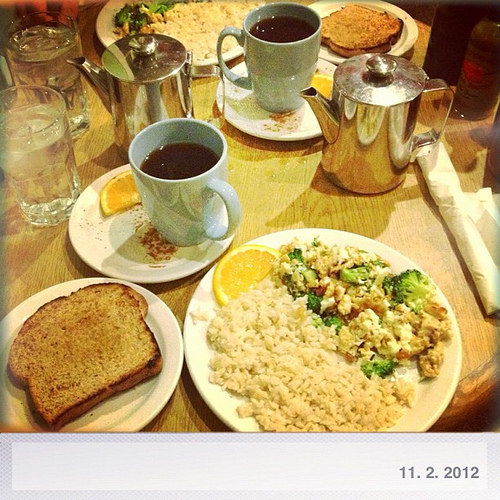 Continuing to fuel myself for NaNoWriMo responsibly. This is Krista's Perfecr Scramble - egg white, tofu, broccoli and cheese with brown rice and toast. The tea is awesome orange cinnamon spice. I only eat about 1/3 of the rice and half the toast. A well 
