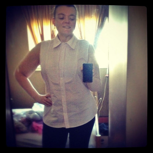 Shirt with tags attached, free from mom during her weightless journey, plus Less than 1 package of bias tape & a bit of thread equals a less than $2 shirt for summer! Took out 8" of circumference and removed some puffed short sleeves. I'm liking it belted