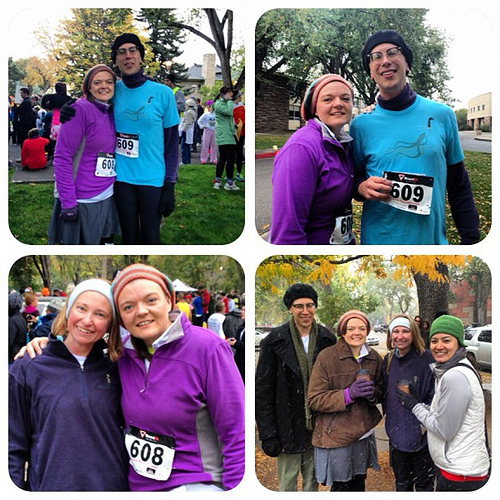 My first 5K! Before & after with my hubby of ten years as of yesterday, then Ashley, then 4/5ths of our "group" waiting for a table at Lucile's when it started to snow after the race. Came in at 36:59, 11:56 pace, 1045/1400+, 71/97 in my age bracket. Resp