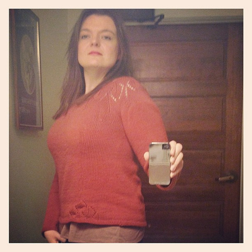 Handknits in the bathroom mirror at work :-} This was my "Christmas sweater" that needed a time out before wearing. It would have been too cold anyway.
