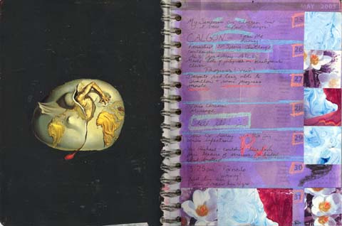 This altered calendar page features the work of Dali, altered with gesso, plus journaling with crayon resist and watercolors.,