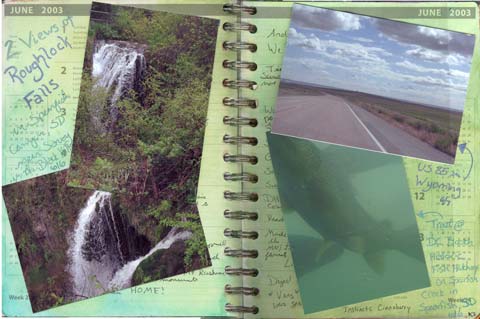 This altered calendar spread contains lots of journaling over watersoluble oil pastels with lots of journaling plus some photographs.