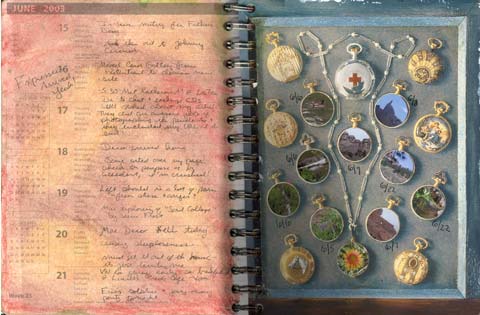 Altered calendar pages with watersoluble oil pastels and Dali art altered with original photos.