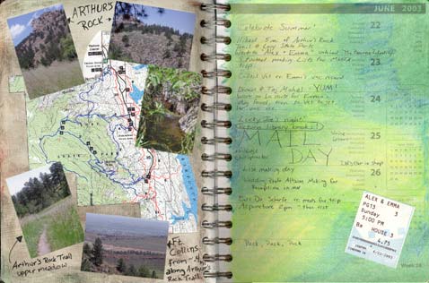 An altered calendar spread featuring gesso and watersoluble oil pastels, journaling, ephemera and photographs.