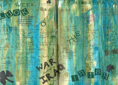 The all green spread of Kristi's altered calendar for the fourth week in March.