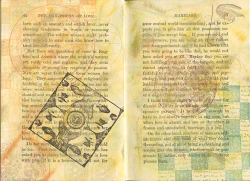 The altered book page, Juxtaposition of Marriage by Kristi Schueler.
