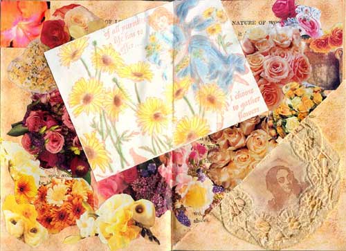 The magazine clipping laden altered book page by Kristi entitled I Choose Flowers.