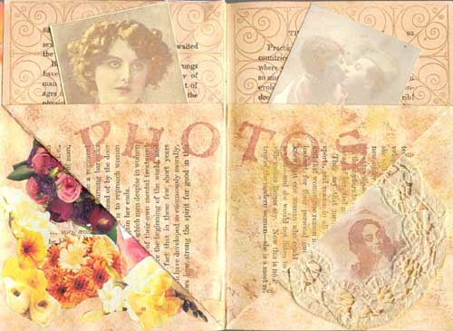 Kristi's triangular pocket altered book spread featuring rubber stamp images from The Stampsmith and MaVinci's Reliquary.
