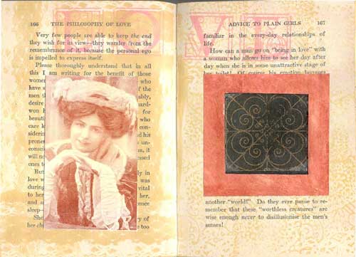 The altered book page, Love containing a window for a sneak peek at the next altered book spread.
