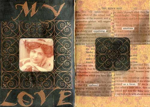 A truly mixed media altered book page containing paints, inks and powdered pigments combinded with rubber stamps and an acetate window.