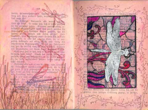 The first section of the altered book page Dragonfly Window.