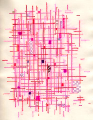 A highly geometric art journal page featuring various markers that were bled with water, then when dry doodles were added with gel pens.