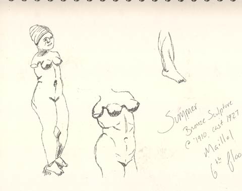 Kristi's feeble attempts at sketching the bronze scuplture that greets Denver Art Museum visitors to the 6th floor.
