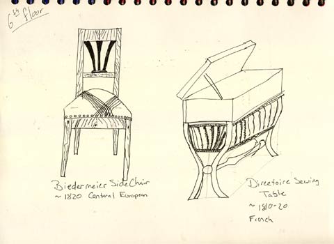 Ink sketches in Kristi's art journal of furniture on the 6th floor of the Denver Art Museum.