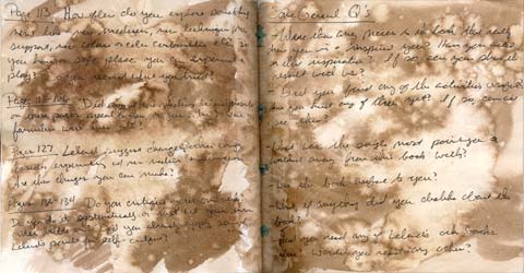 Kristi took even more notes on Nita Leland's book over another walnut ink background, but this one is diluted and has many blooks on it.