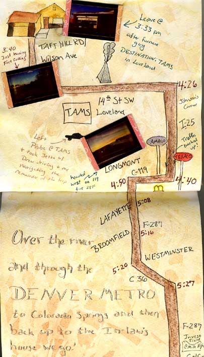 A map of the first half of Kristi's Thanksgiving travels featuring sketches of landmarks and i-zone photographs.