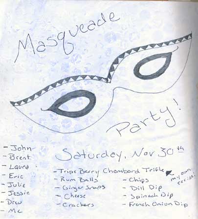 A sketch and notes about Kristi's party kicking off the holiday season in her art journal.