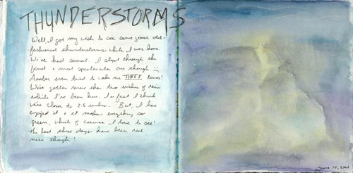 An art journal spread using watercolor crayons celebrating the wonders of thunderstorms in the upper midwest.