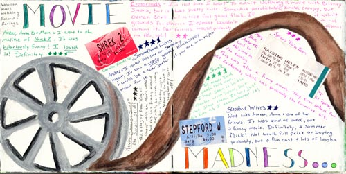 Check out this personal art journal page recording the movies watched while on vacation.