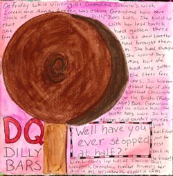 This bright art journal page tells the humerous story of my grandmother and her Dilly Bars.