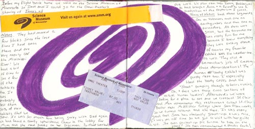 This art journal page records the events of departure day, including a trip to the Science Museum of Minnesota and their Omni Theater.