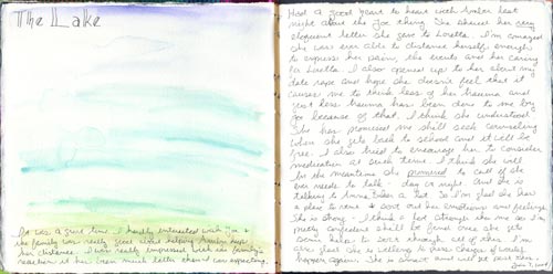 Another wordy art journal page recording the events and thoughts about my father's 50th birthday celebration at a lake.