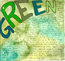 A green page using traditional and watercolor crayons with Micron Pigma pens exploring feelings about green.
