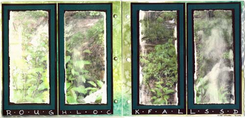 This green art journal spread celebrates the lush greeness found at Roughlock Falls near Spearfish, SD in the Black Hills in June of 2003 by using a solvent transfer technique of a photograph.