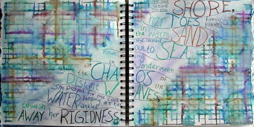 Water-based markers, watercolor crayons and colored pencils make up this dynamic art journal page using the colors of the ocean.
