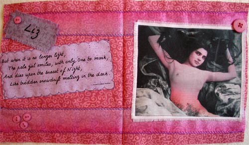 Kristi combines digital art work with fabric and decorative machine stitching in this sunset-themed art journal page.
