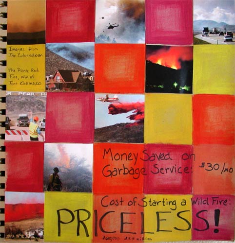 Personal art journal page about the Picnic Rock wildfire NW of Fort Collins, CO.