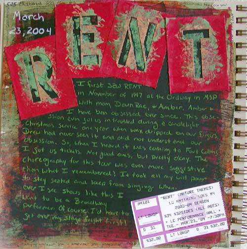 Kristi's art journal page containing reflections on her first RENT experience as well as the one she got to share with her husband recently.