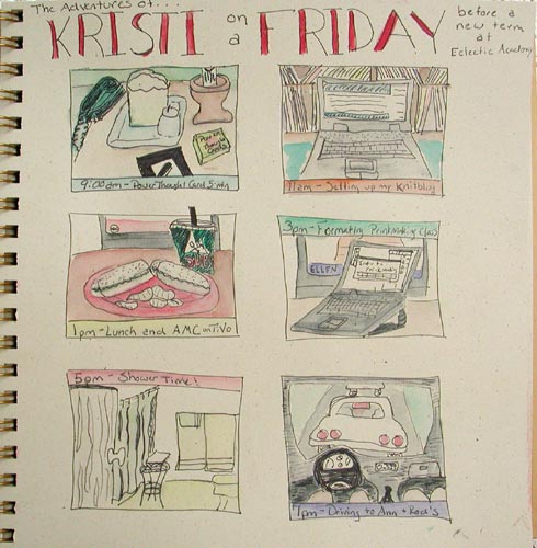 The adventures of Kristi on a Friday before a new term at Eclectic Academy: a storyboard.