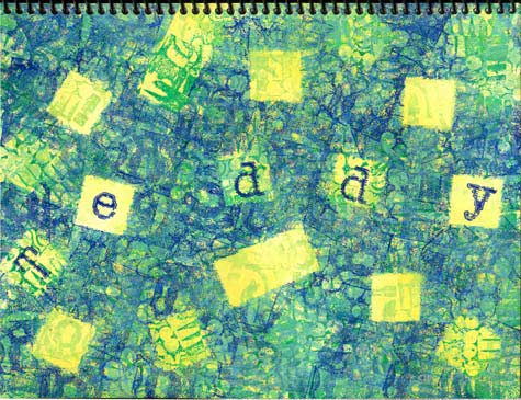 The cover of this 2-panel comic notebook features texture stamps from Red Castle and alphabet stamps from MaVinci's Reliquary.