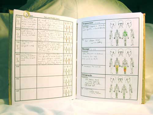 An example of Kristi's inner pain journal, featuring anatomy sketces and places to record appointment results as well as daily activities.