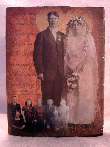 View the collage on the back cover of the book featuring digitally created backgrounds and vintage wedding photograph and family portrait with acrylics.