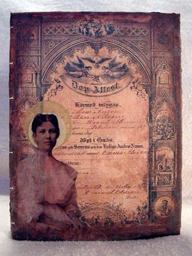 View the front cover collage featuring a baptism certificate in Swedish, vintage photograph and acrylic paints.