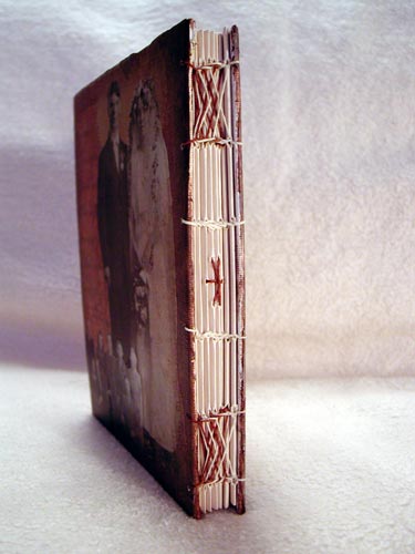 A look at the stitching used to bind this coptic-bound book.