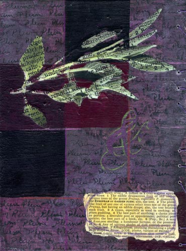 A view of the backcover in plum colors with a focal image of sage leaves.