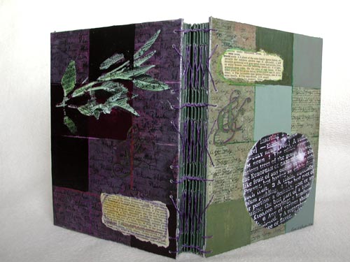 An image of the plum and sage journal, including the binding and both cover collages.